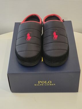 NIB Polo by Ralph Lauren Mens Size 10 Reade Mules Black with Red Logo & Colorway